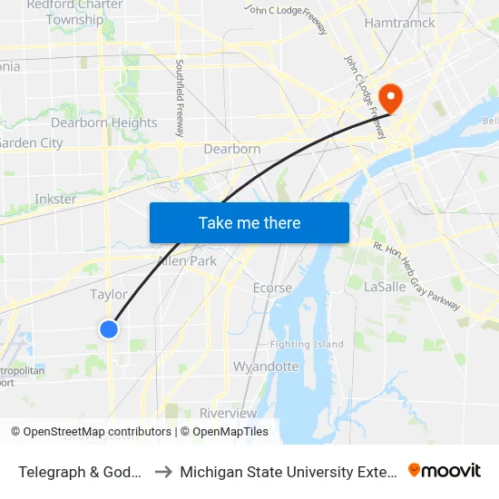 Telegraph & Goddard to Michigan State University Extension map