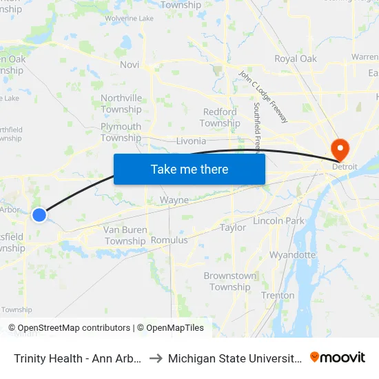 Trinity Health - Ann Arbor Hospital to Michigan State University Extension map