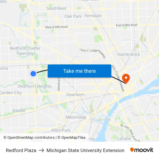 Redford Plaza to Michigan State University Extension map