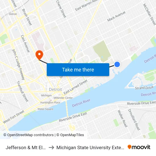 Jefferson & Mt Elliott to Michigan State University Extension map