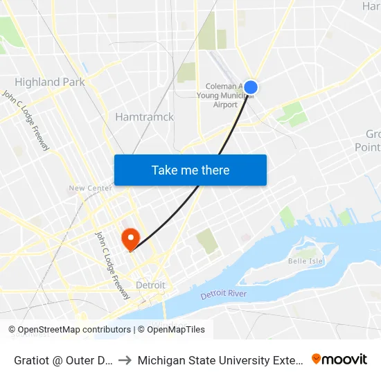 Gratiot @ Outer Drive to Michigan State University Extension map