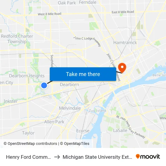 Henry Ford Comm. Coll to Michigan State University Extension map