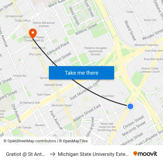 Gratiot @ St Antoine to Michigan State University Extension map
