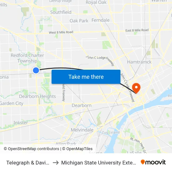 Telegraph & Davison to Michigan State University Extension map