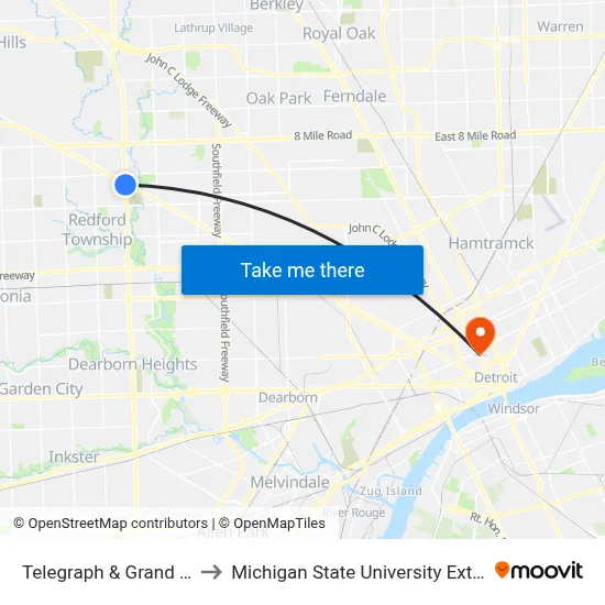 Telegraph & Grand River to Michigan State University Extension map
