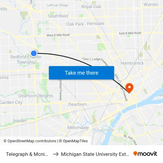 Telegraph & Mcnichols to Michigan State University Extension map