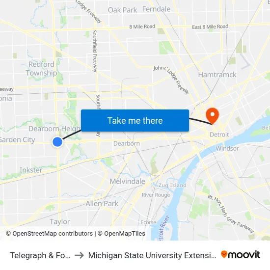 Telegraph & Ford to Michigan State University Extension map
