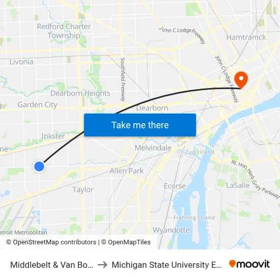 Middlebelt & Van Born NW to Michigan State University Extension map