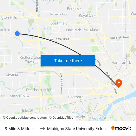 9 Mile & Middlebelt to Michigan State University Extension map
