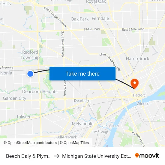 Beech Daly & Plymouth to Michigan State University Extension map
