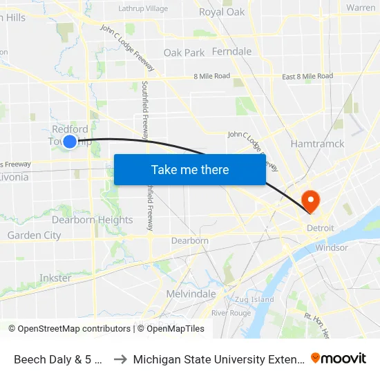 Beech Daly & 5 Mile to Michigan State University Extension map