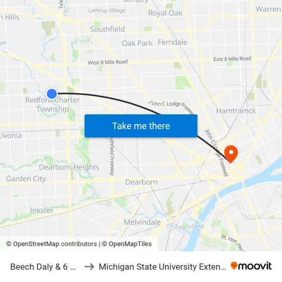 Beech Daly & 6 Mile to Michigan State University Extension map
