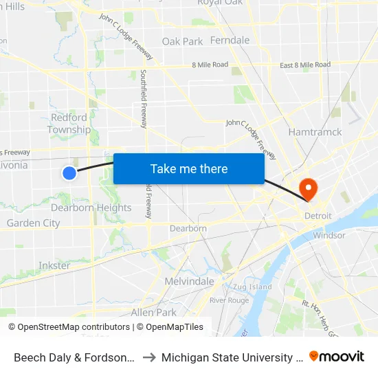 Beech Daly & Fordson Highway to Michigan State University Extension map