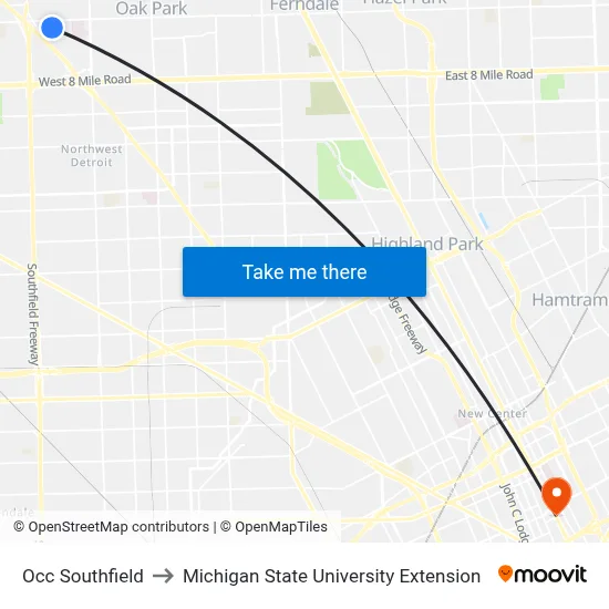 Occ Southfield to Michigan State University Extension map