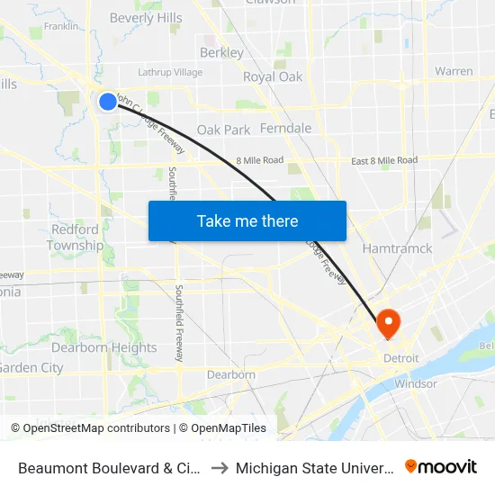 Beaumont Boulevard & Civic Center Drive to Michigan State University Extension map