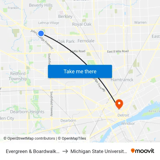 Evergreen & Boardwalk Boulevard to Michigan State University Extension map