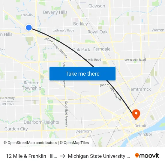 12 Mile & Franklin Hills Drive to Michigan State University Extension map