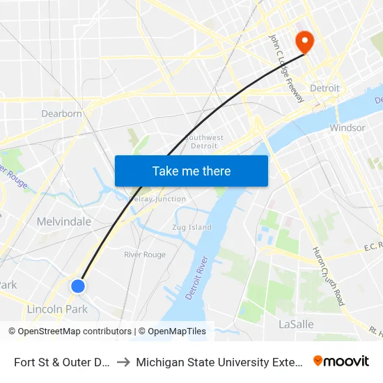 Fort St & Outer Drive to Michigan State University Extension map