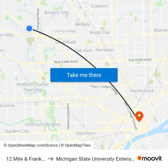 12 Mile & Franklin to Michigan State University Extension map