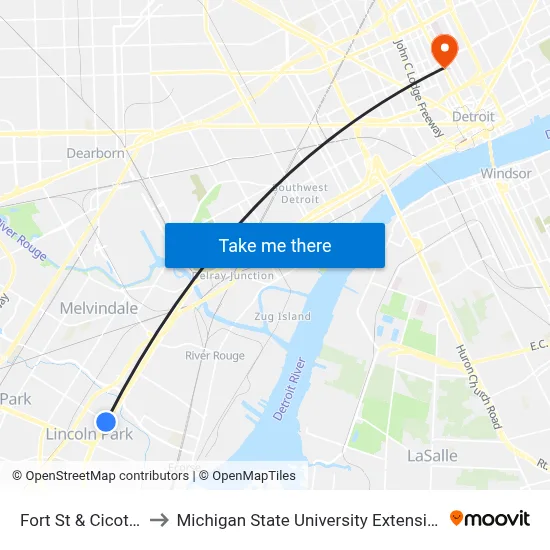 Fort St & Cicotte to Michigan State University Extension map