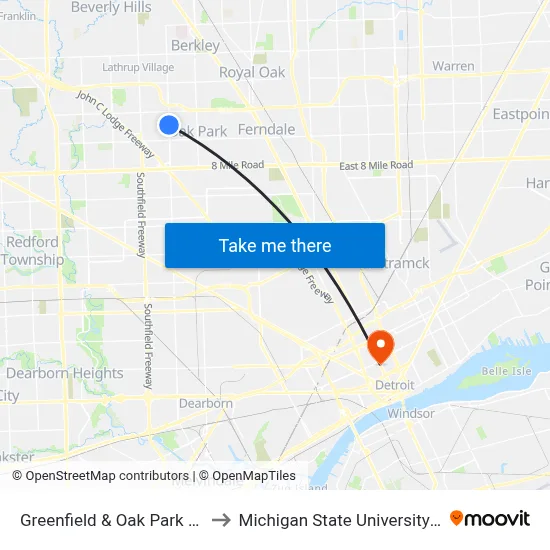Greenfield & Oak Park Boulevard to Michigan State University Extension map