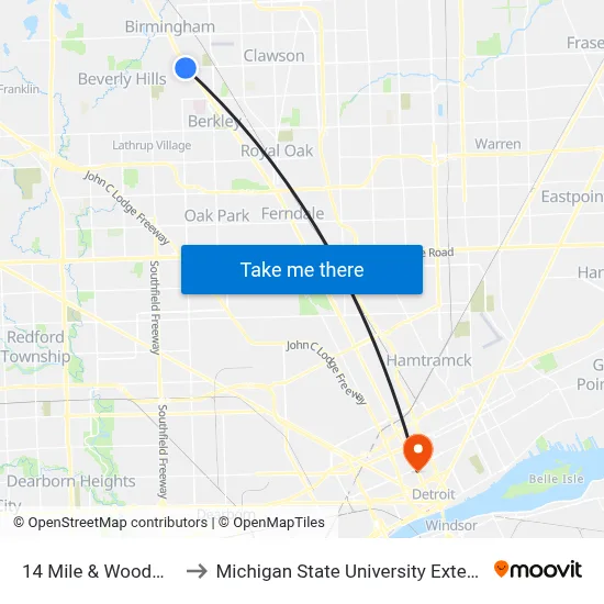 14 Mile & Woodward to Michigan State University Extension map
