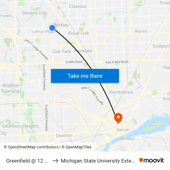 Greenfield & 12 Mile to Michigan State University Extension map