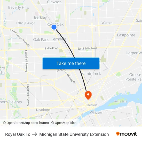 Royal Oak Tc to Michigan State University Extension map