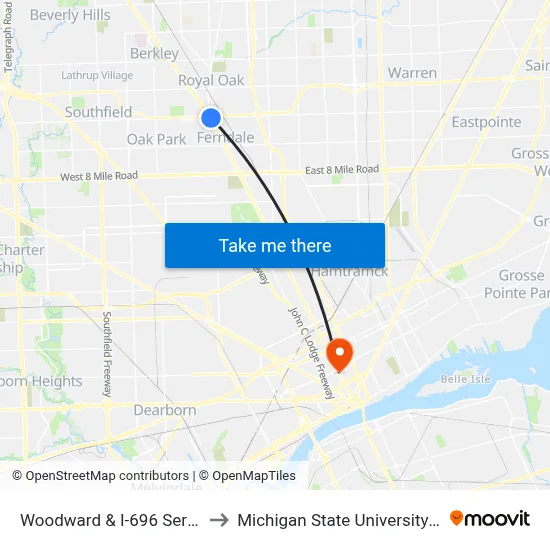 Woodward & I-696 Service Drive to Michigan State University Extension map