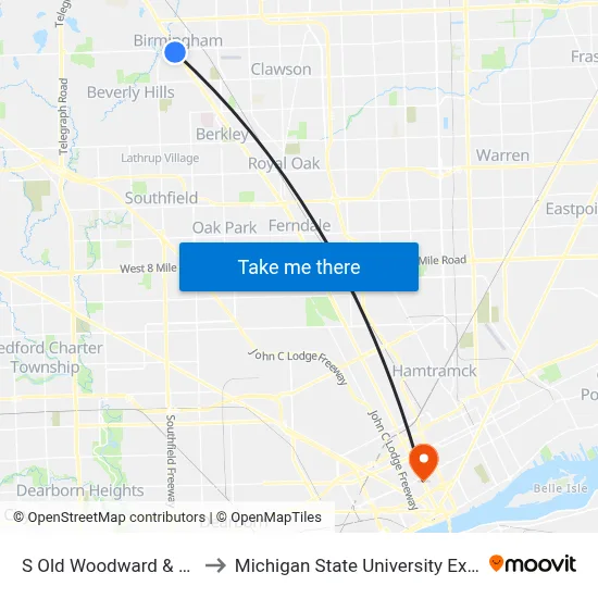 S Old Woodward & Merrill to Michigan State University Extension map