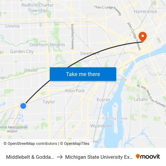 Middlebelt & Goddard Ext to Michigan State University Extension map