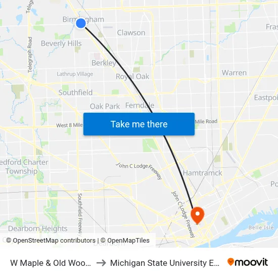 W Maple & Old Woodward to Michigan State University Extension map