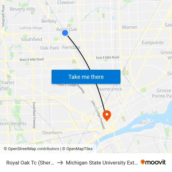 Royal Oak Tc (Sherman) to Michigan State University Extension map