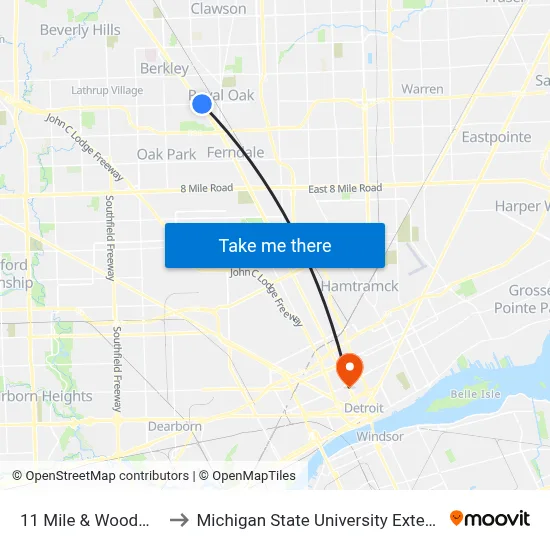 11 Mile & Woodward to Michigan State University Extension map