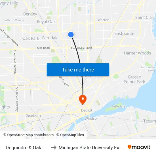 Dequindre & Oak Grove to Michigan State University Extension map