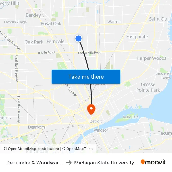 Dequindre & Woodward Heights to Michigan State University Extension map