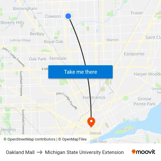 Oakland Mall to Michigan State University Extension map