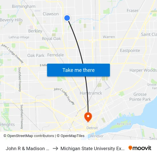 John R & Madison Place to Michigan State University Extension map