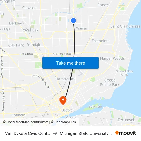 Van Dyke & Civic Center South to Michigan State University Extension map