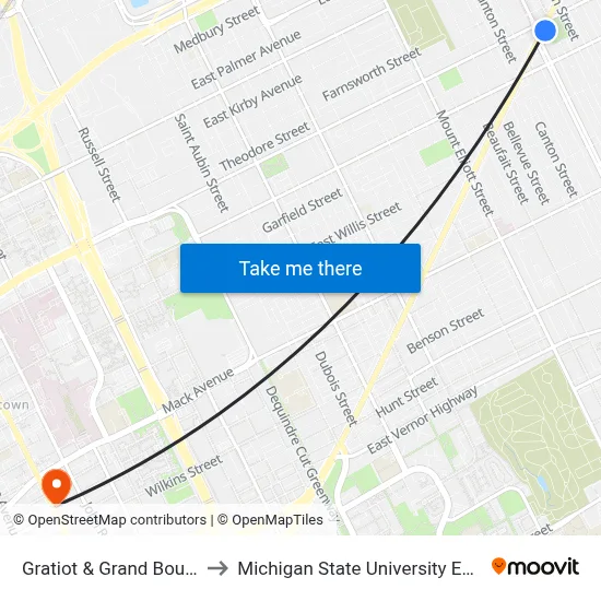 Gratiot & Grand Boulevard to Michigan State University Extension map