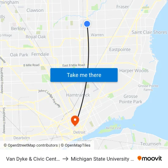 Van Dyke & Civic Center North to Michigan State University Extension map