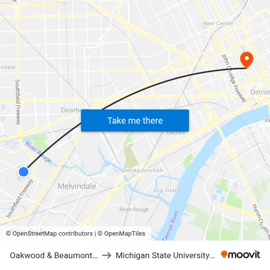 Oakwood @ Corewell Dearborn Hospital to Michigan State University Extension map