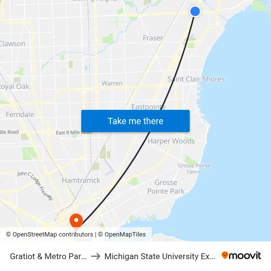 Gratiot & Metro Parkway to Michigan State University Extension map