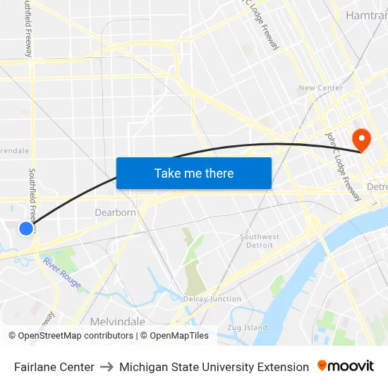 Fairlane Center to Michigan State University Extension map