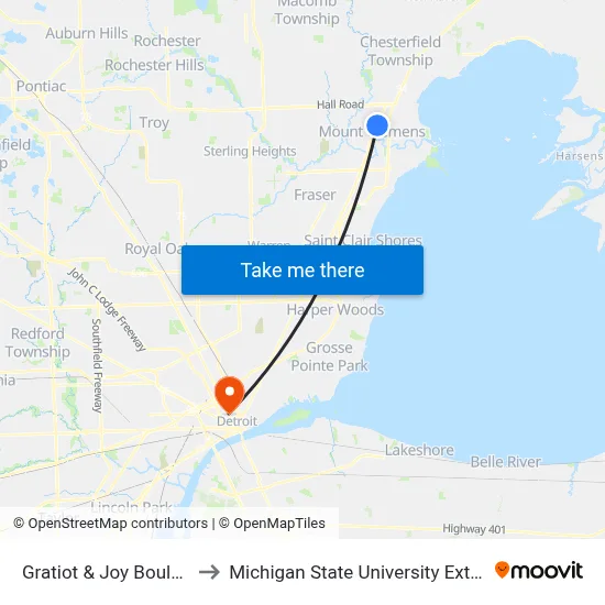 Gratiot & Joy Boulevard to Michigan State University Extension map