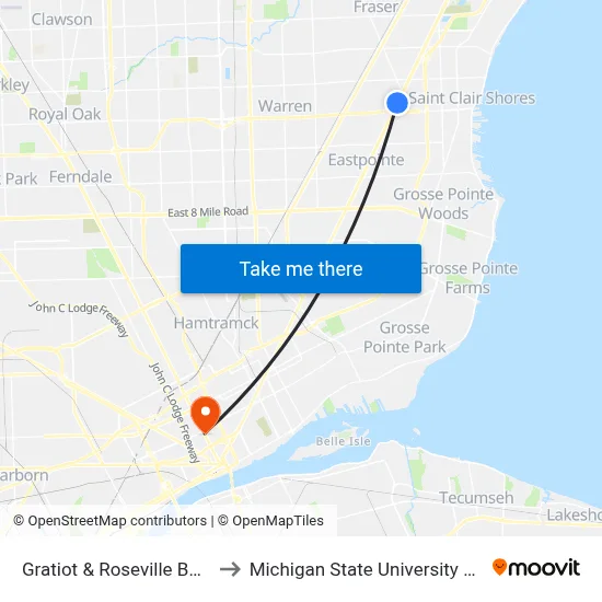 Gratiot & Roseville Boulevard to Michigan State University Extension map