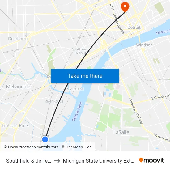 Southfield & Jefferson to Michigan State University Extension map