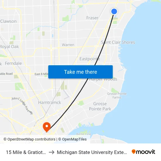 15 Mile & Gratiot NE to Michigan State University Extension map