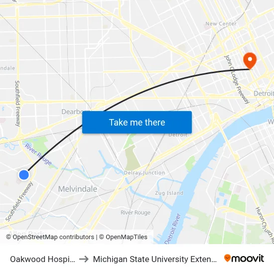 Oakwood Hospital to Michigan State University Extension map