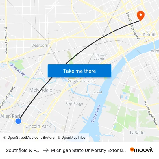 Southfield & Fox to Michigan State University Extension map